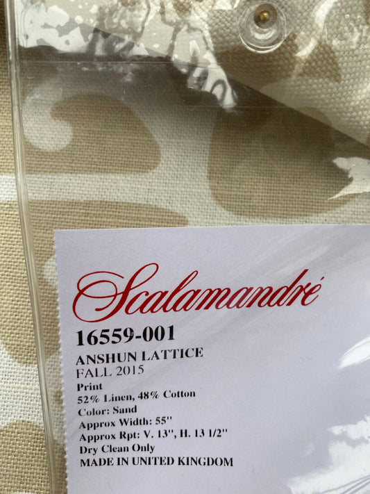 50 Berkbox77 Square Printed Fabrics by Scalamandre Anshun Lattice Sand Linen Beige White MSRP USD 370/yard