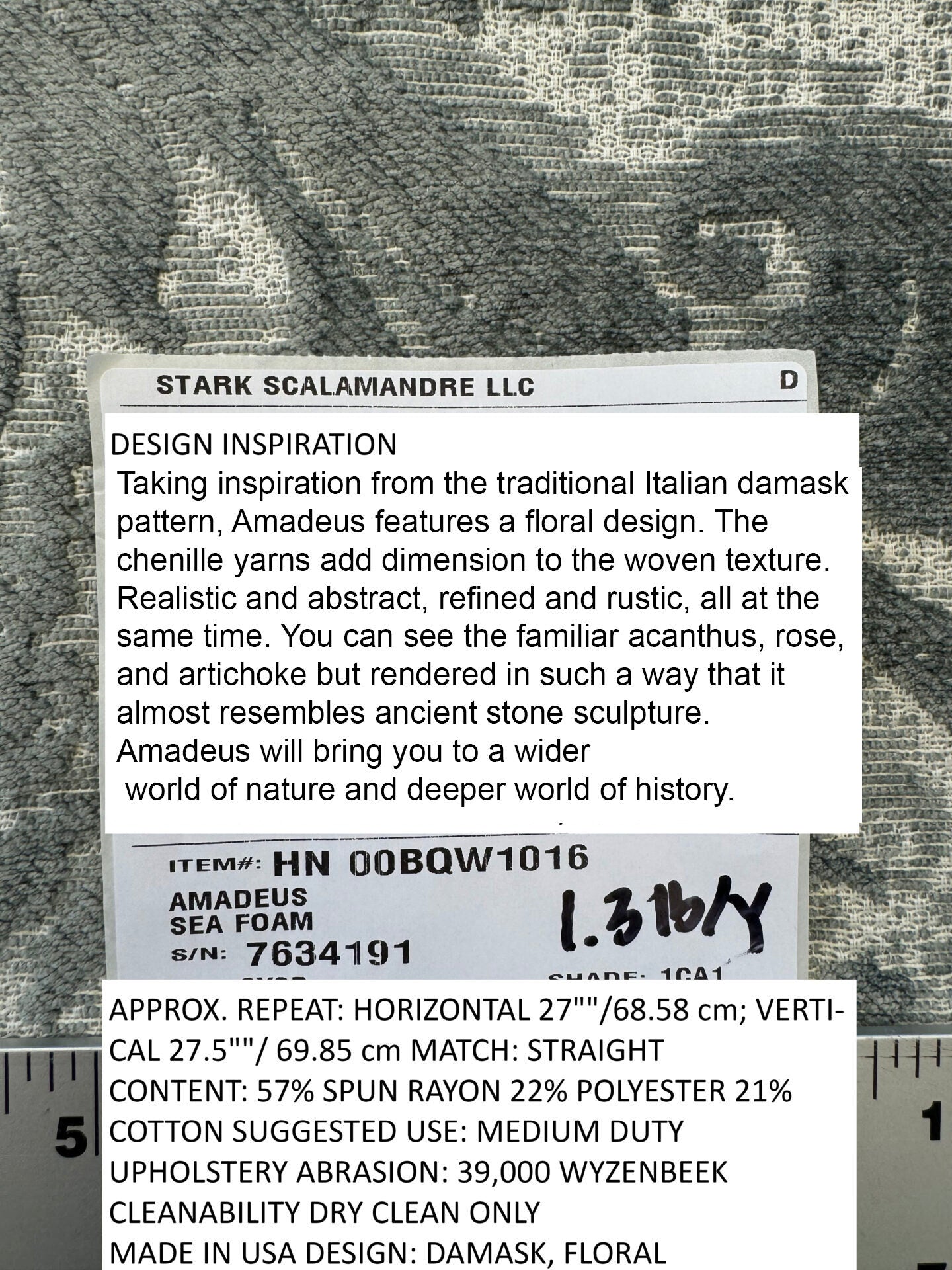 Scalamandre Amadeus Sea Foam Gray Damask Floral MSRP USD188/y