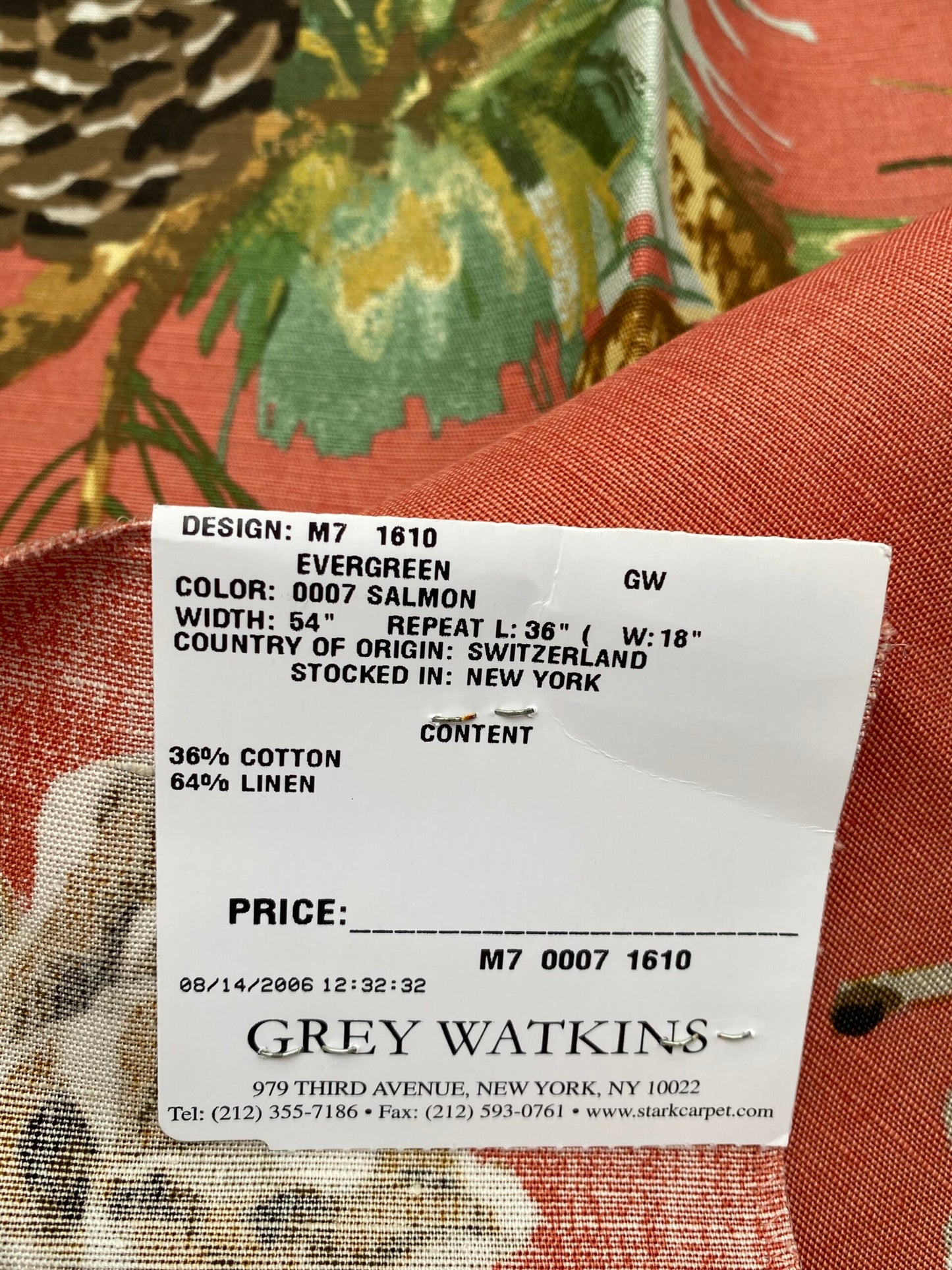 54 Berkbox77 Square Printed Fabrics by Grey Watkins Evergreen Salmon Orange Botanical Tree Foliage MSRP USD 300+/yard