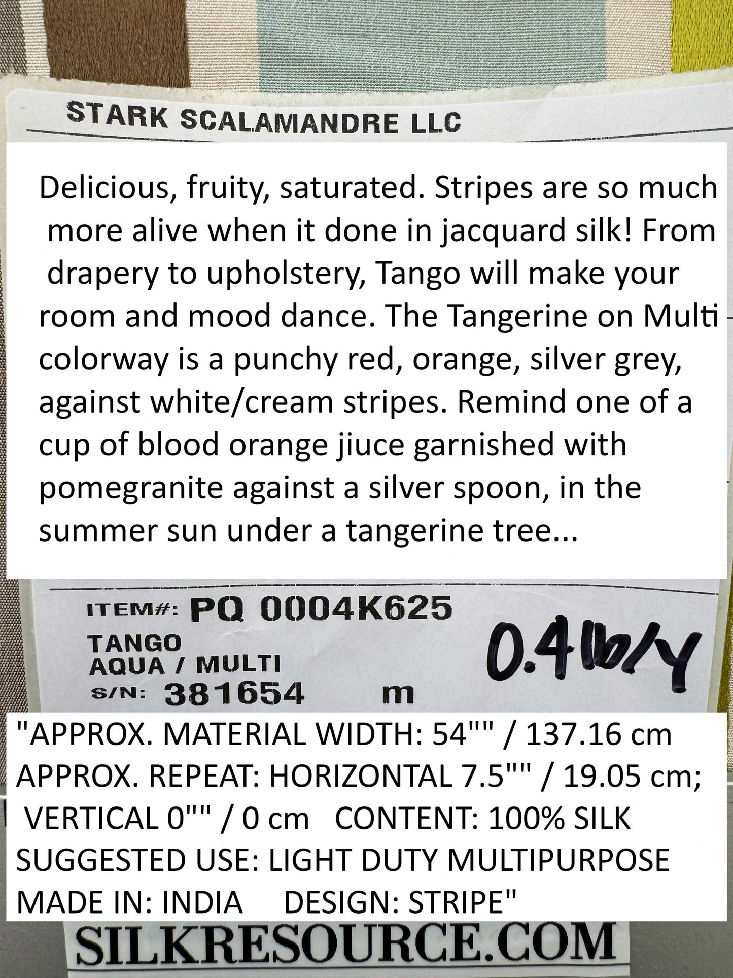 Scalamandre Tango Aqua/Multi Blue Green Rainbow Stripe 100% Silk Jacquard MSRP USD 324/y