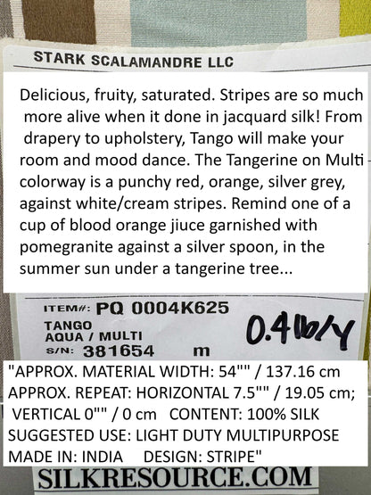Scalamandre Tango Aqua/Multi Blue Green Rainbow Stripe 100% Silk Jacquard MSRP USD 324/y