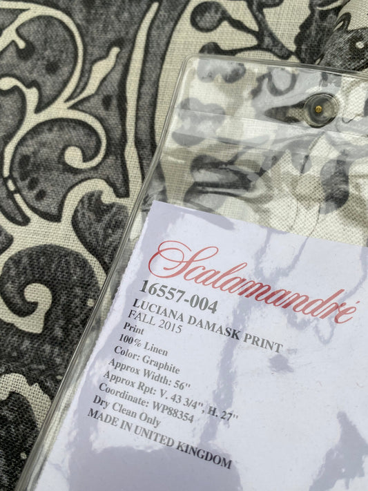 57 Berkbox77 Square Printed Fabrics by Scalamandre Luciana Damask Print Graphite Linen Gray White MSRP USD346/y