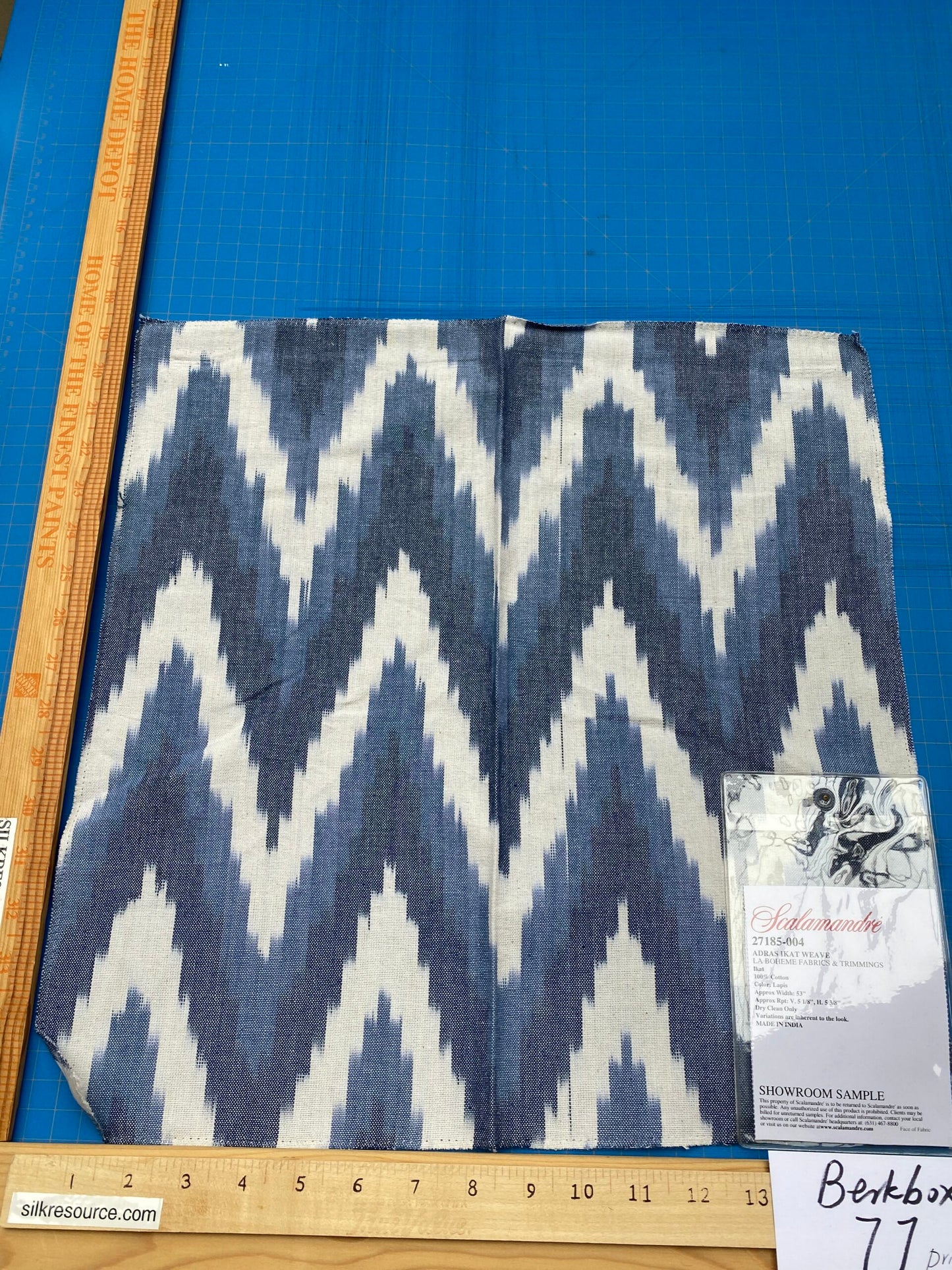 60 Berkbox77 Square Printed Fabrics by Scalamandre Adras Ikat Weave Lapis Blue White Cotton Chevron MSRP USD 150/y