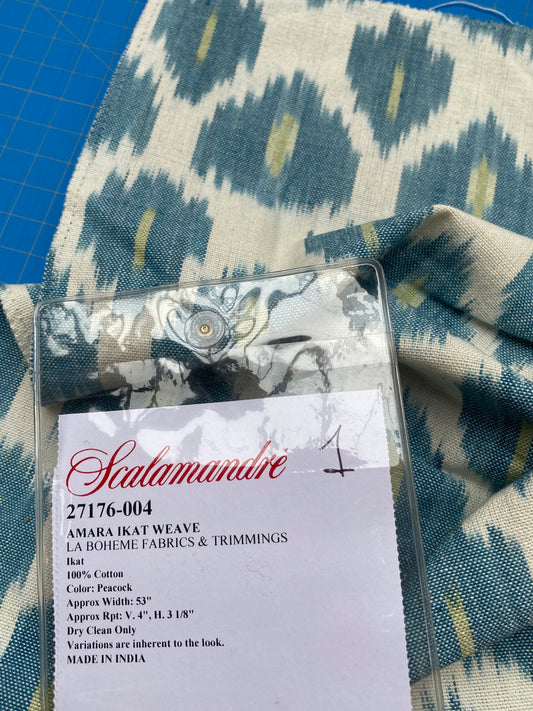 61 Berkbox77 Square Printed Fabrics by Scalamandre Adras Ikat Weave Peacock Cotton Blue Green White MSRP USD 150/y