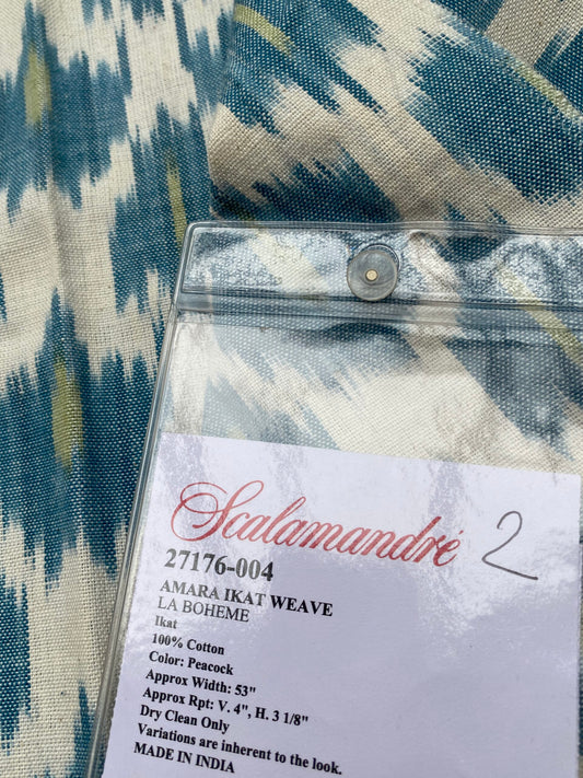62 Berkbox77 Square Printed Fabrics by Scalamandre Adras Ikat Weave Peacock Cotton Blue Green White MSRP USD 150/y