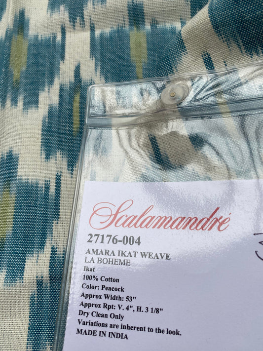 63 Berkbox77 Square Printed Fabrics by Scalamandre Adras Ikat Weave Peacock Cotton Blue Green White MSRP USD 150/y
