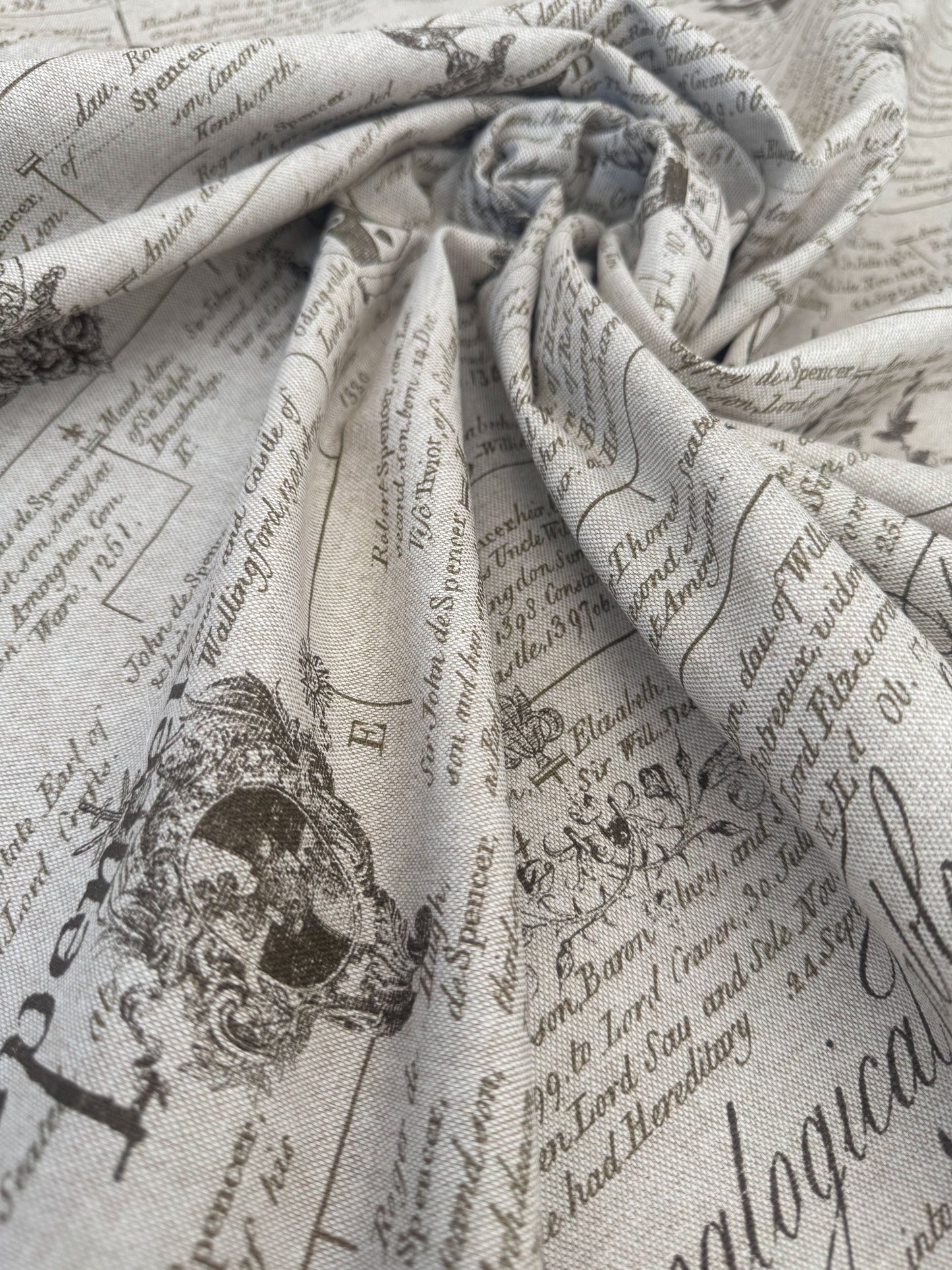 1.125+0.58 yard Nobilis Linen Print Black on Natural Family Crest Typography Text Genealogical Family Lineage