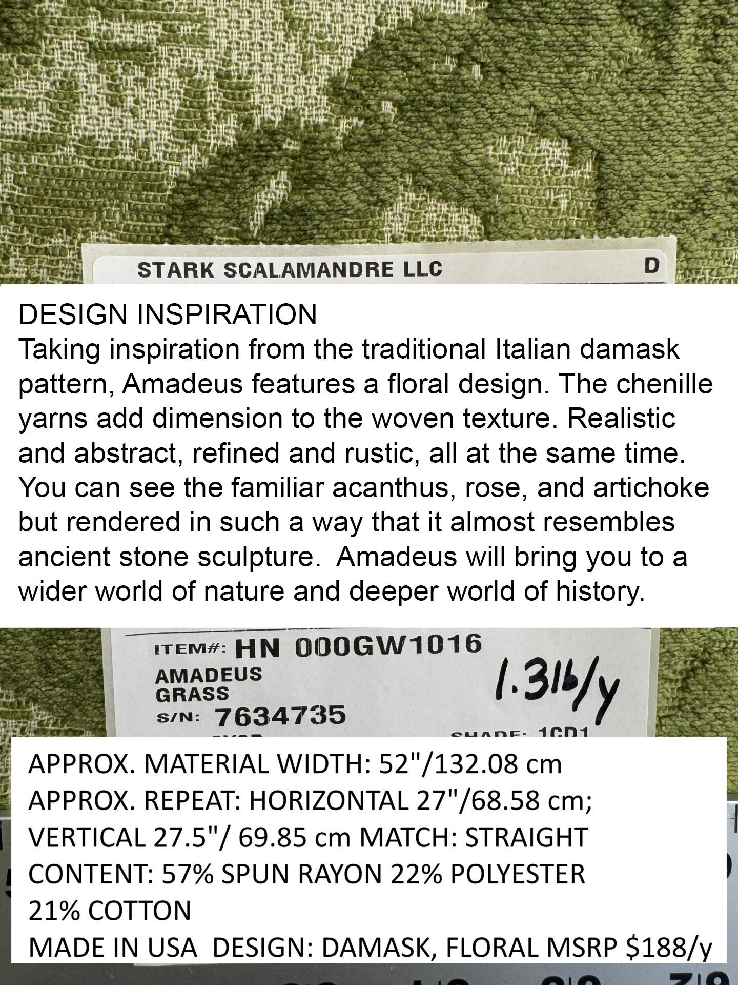 Scalamandre Amadeus Grass Green Damask Floral MSRP USD188/y