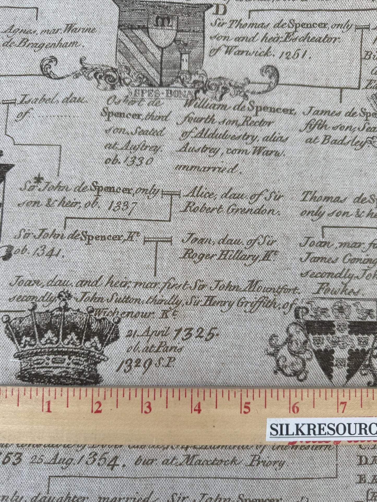 1.125+0.58 yard Nobilis Linen Print Black on Natural Family Crest Typography Text Genealogical Family Lineage