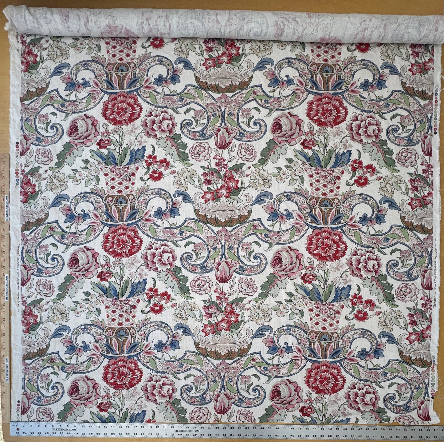 1.71 Yards Cowtan & Tout Savona Print Floral Basket Pink Red Blue Green on Cream Linen