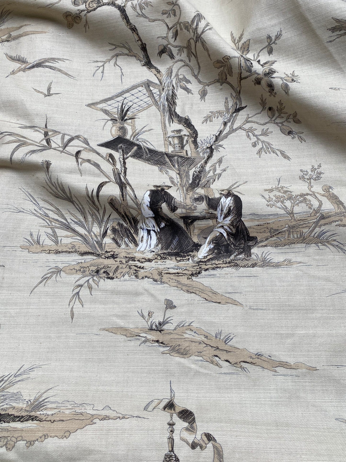 67 Berkbox77 Square Printed Scalamandre Voyage En Chine Black Beige Print Chinoiserie Asian Garden Elephant 1 Yard+ MSRP USD 388/yd