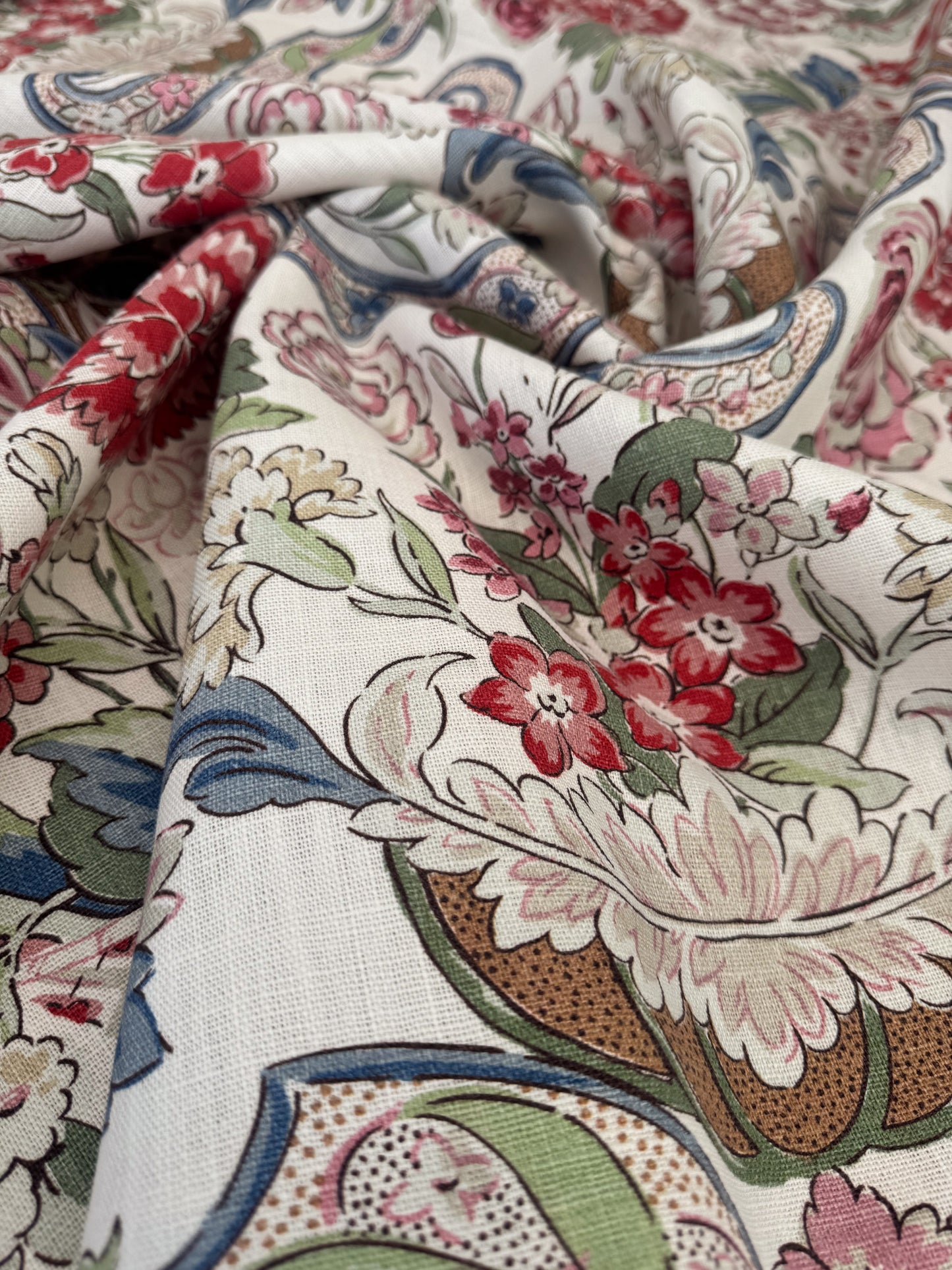 1.71 Yards Cowtan & Tout Savona Print Floral Basket Pink Red Blue Green on Cream Linen