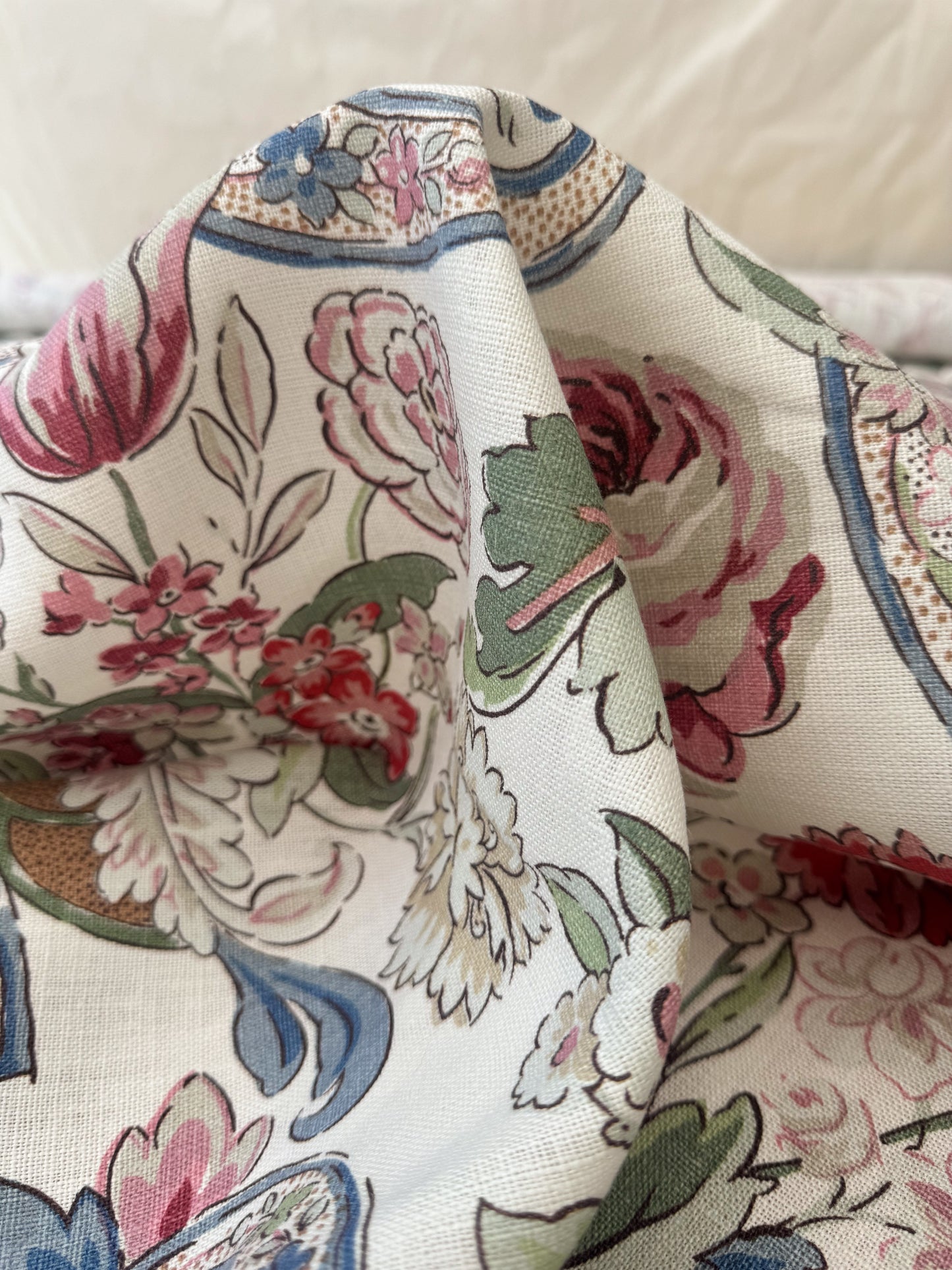 1.71 Yards Cowtan & Tout Savona Print Floral Basket Pink Red Blue Green on Cream Linen