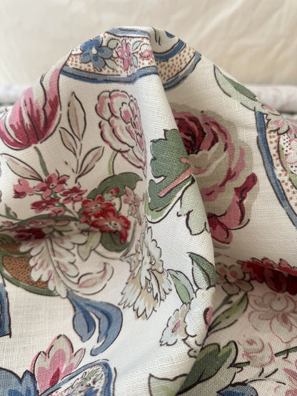 1.71 Yards Cowtan & Tout Savona Print Floral Basket Pink Red Blue Green on Cream Linen