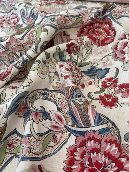 1.71 Yards Cowtan & Tout Savona Print Floral Basket Pink Red Blue Green on Cream Linen