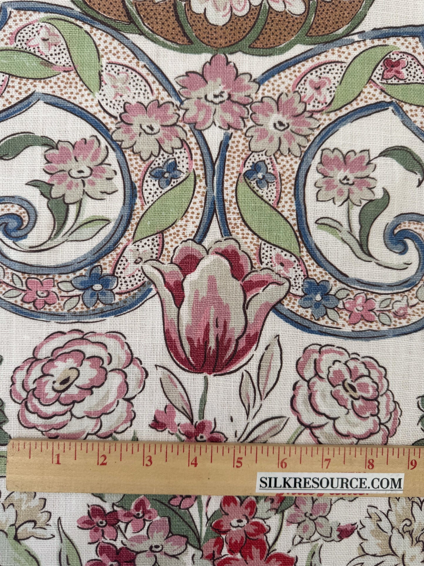 1.71 Yards Cowtan & Tout Savona Print Floral Basket Pink Red Blue Green on Cream Linen