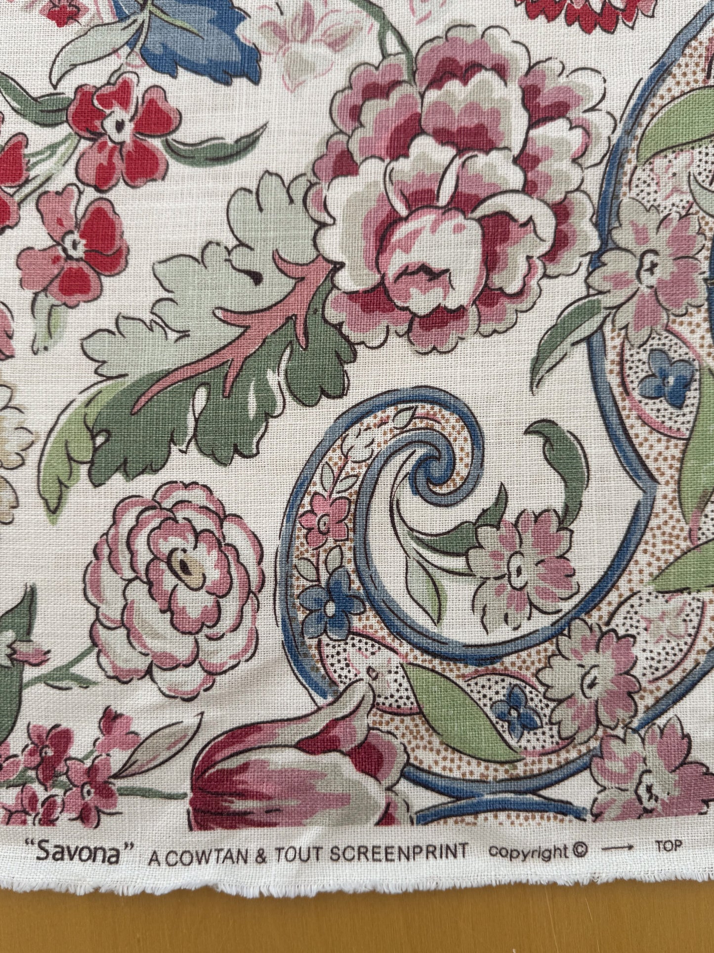1.71 Yards Cowtan & Tout Savona Print Floral Basket Pink Red Blue Green on Cream Linen