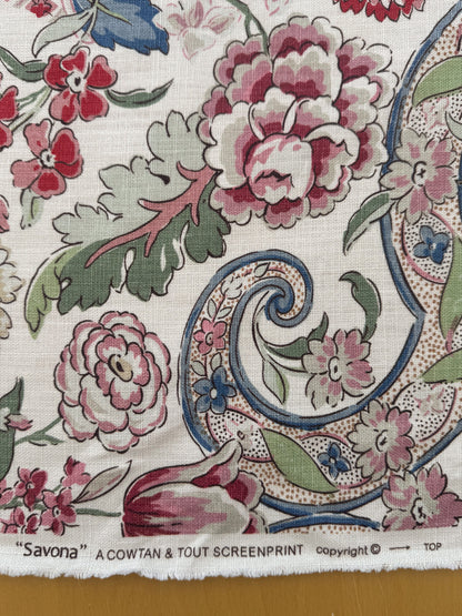 1.71 Yards Cowtan & Tout Savona Print Floral Basket Pink Red Blue Green on Cream Linen