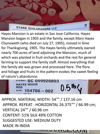 Scalamandre Hayes House Red Damask Large Silk Cotton Renaissance Historical Artichoke  MSRP USD300+/y