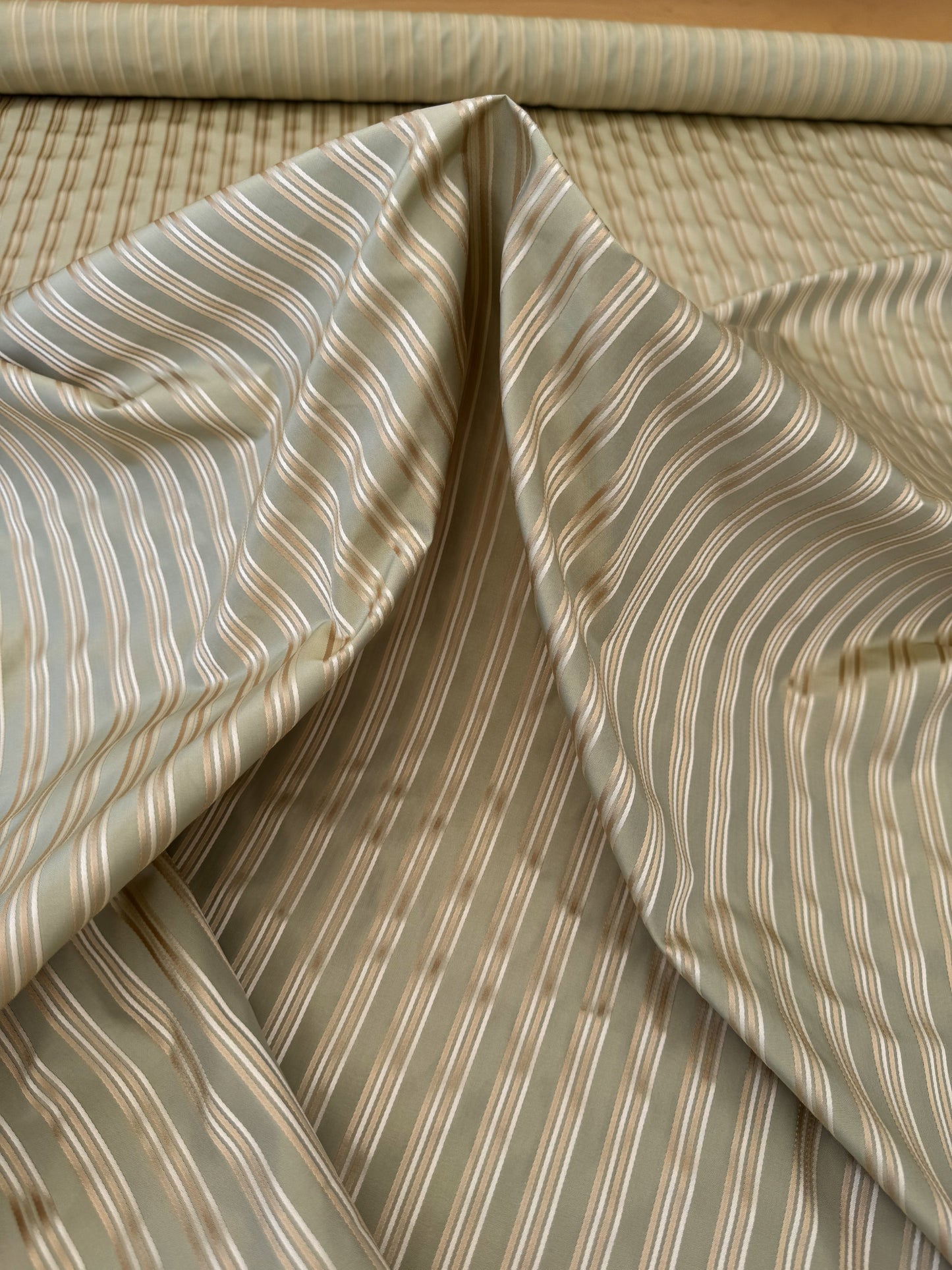 By Yard Coraggio Textiles Tosca Stripe in Mist Green Gold 100% Silk