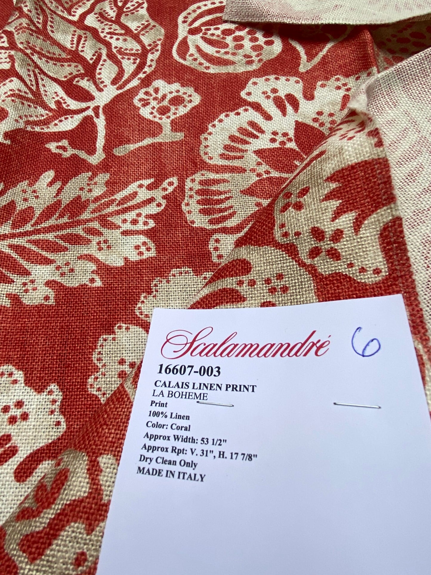 72 Berkbox77 Square Printed Fabric by Scalamandre Calais Linen Print Coral Red White Floral MSRP 300+/y