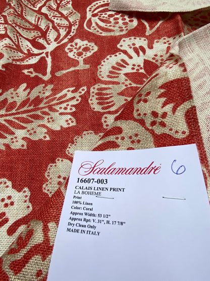 72 Berkbox77 Square Printed Fabric by Scalamandre Calais Linen Print Coral Red White Floral MSRP 300+/y