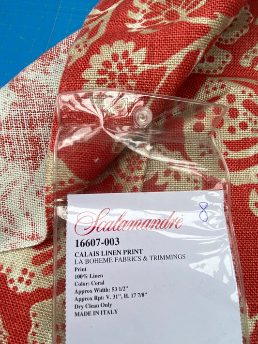 74 Berkbox77 Square Printed Fabric by Scalamandre Calais Linen Print Coral Red White Floral MSRP 300+/y