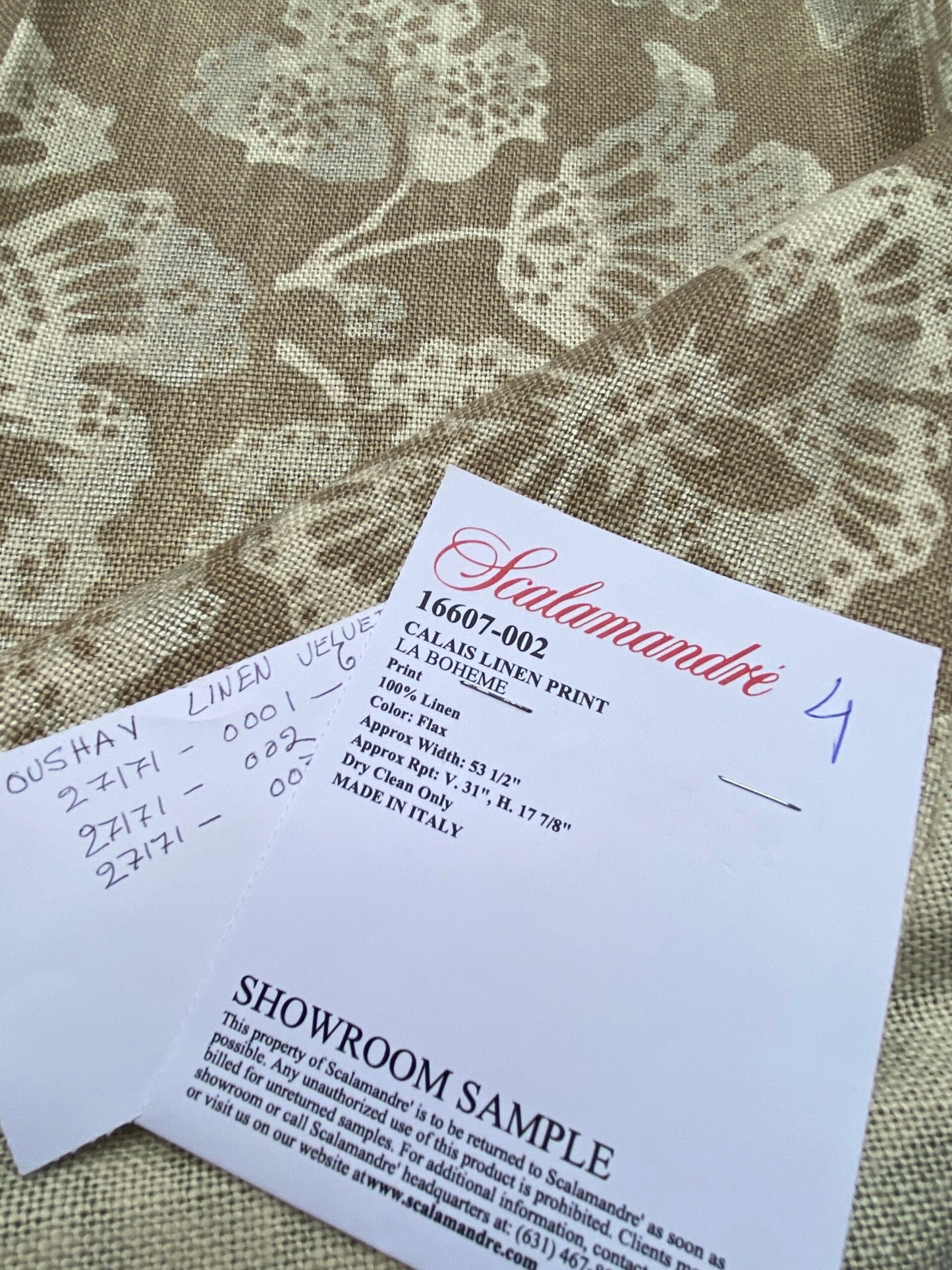 80 Berkbox77 Square Printed Fabric by Scalamandre Calais Linen Print Flax Beige Floral MSRP 300+/y