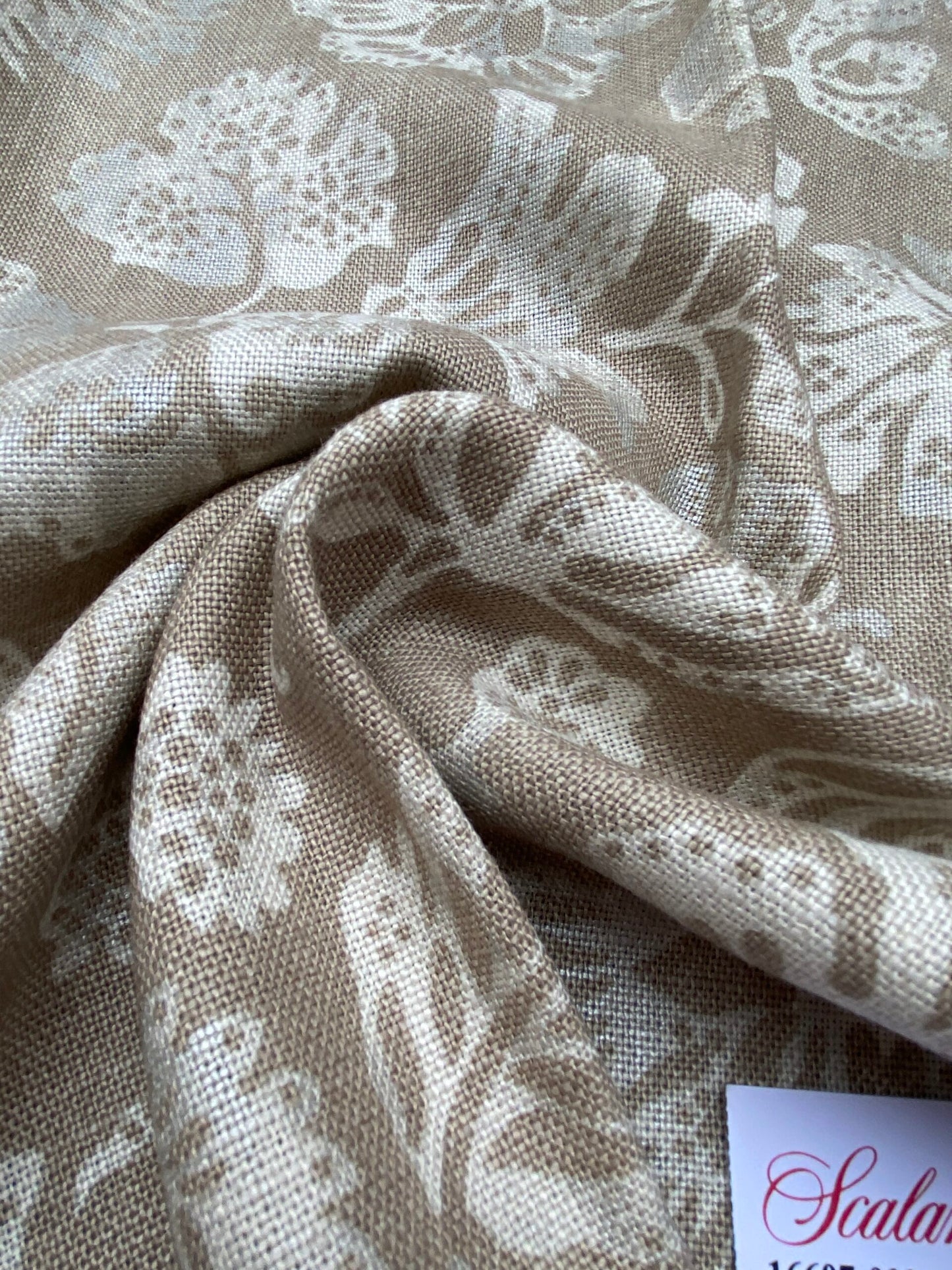 80 Berkbox77 Square Printed Fabric by Scalamandre Calais Linen Print Flax Beige Floral MSRP 300+/y