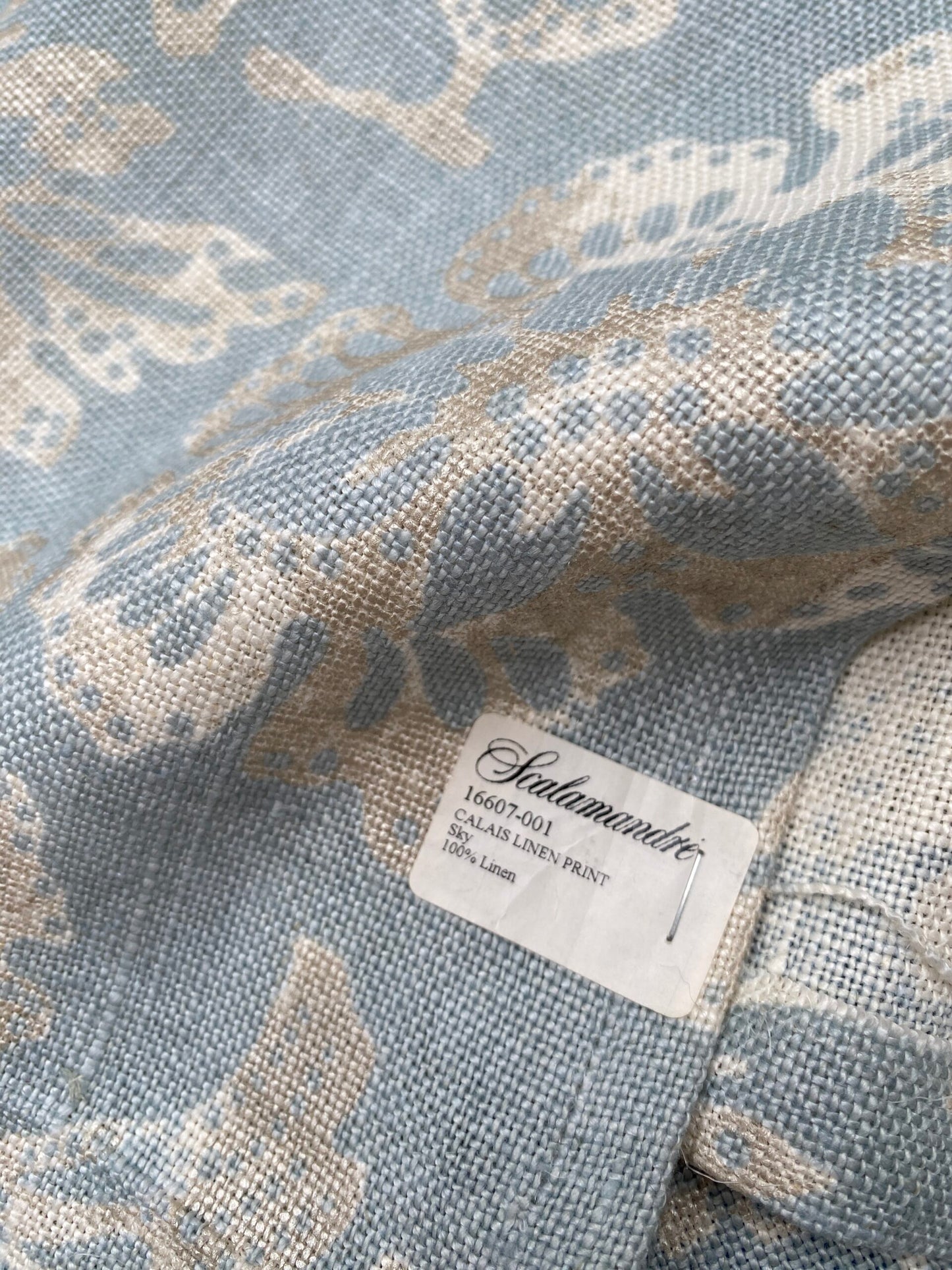 82 Berkbox77 Square Printed Fabric by Scalamandre Calais Linen Print Sky Blue White Floral 1.2y x 53" MSRP 300+/y