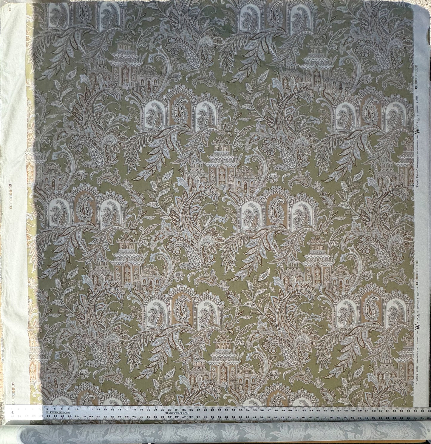 Scalamandre Pagoda Paisley Cotton Arabesque Garden Hand Printed In Italy Cream Brown On Green - By The Yard - MSRP USD 198/YD