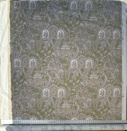 Scalamandre Pagoda Paisley Cotton Arabesque Garden Hand Printed In Italy Cream Brown On Green - By The Yard - MSRP USD 198/YD