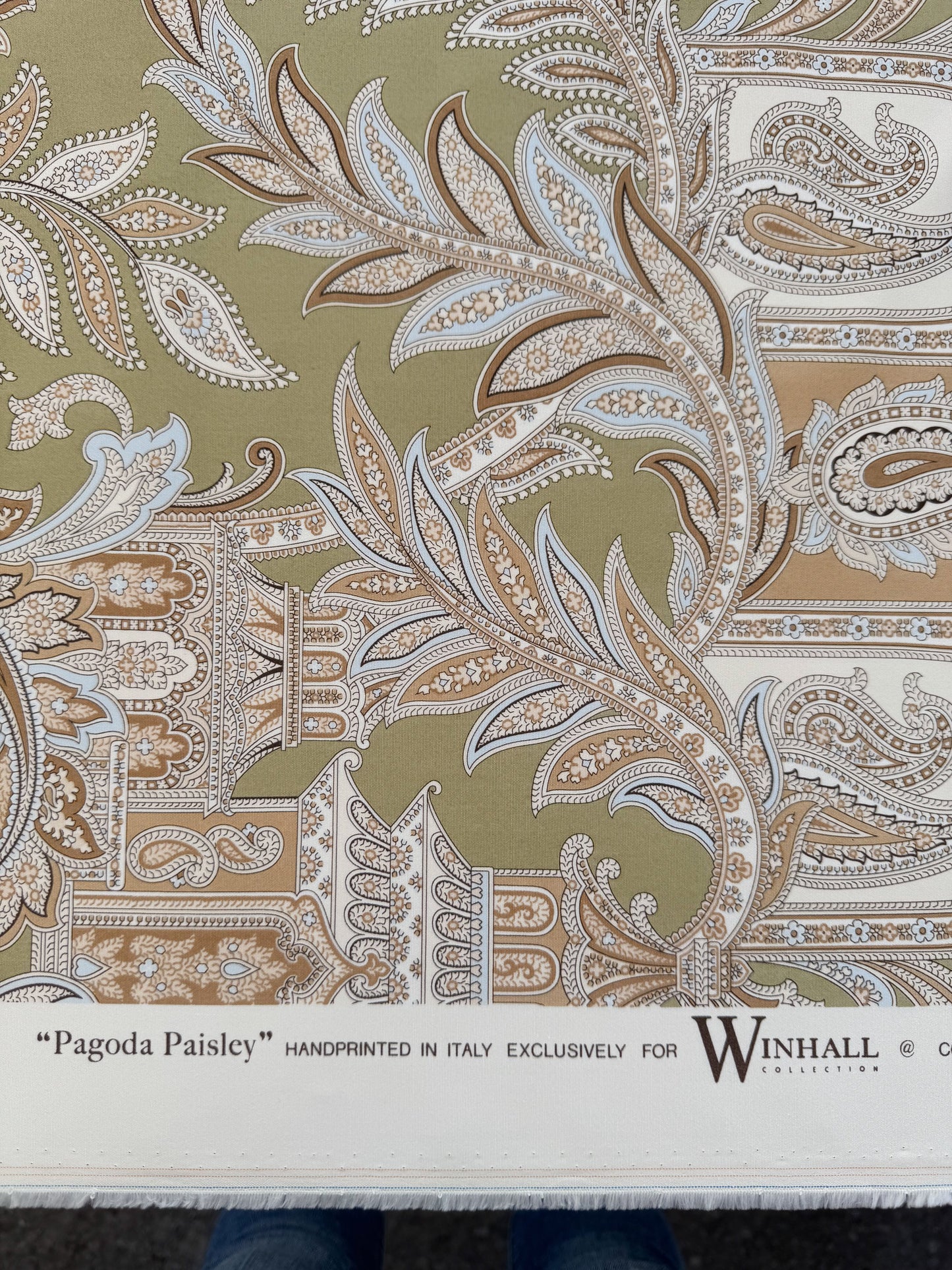 Scalamandre Pagoda Paisley Cotton Arabesque Garden Hand Printed In Italy Cream Brown On Green - By The Yard - MSRP USD 198/YD