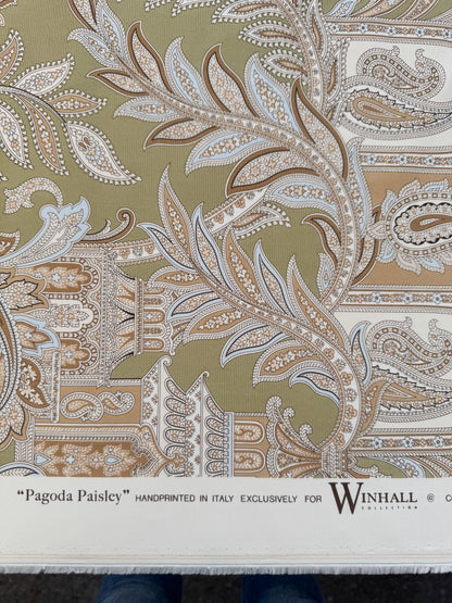 Scalamandre Pagoda Paisley Cotton Arabesque Garden Hand Printed In Italy Cream Brown On Green - By The Yard - MSRP USD 198/YD