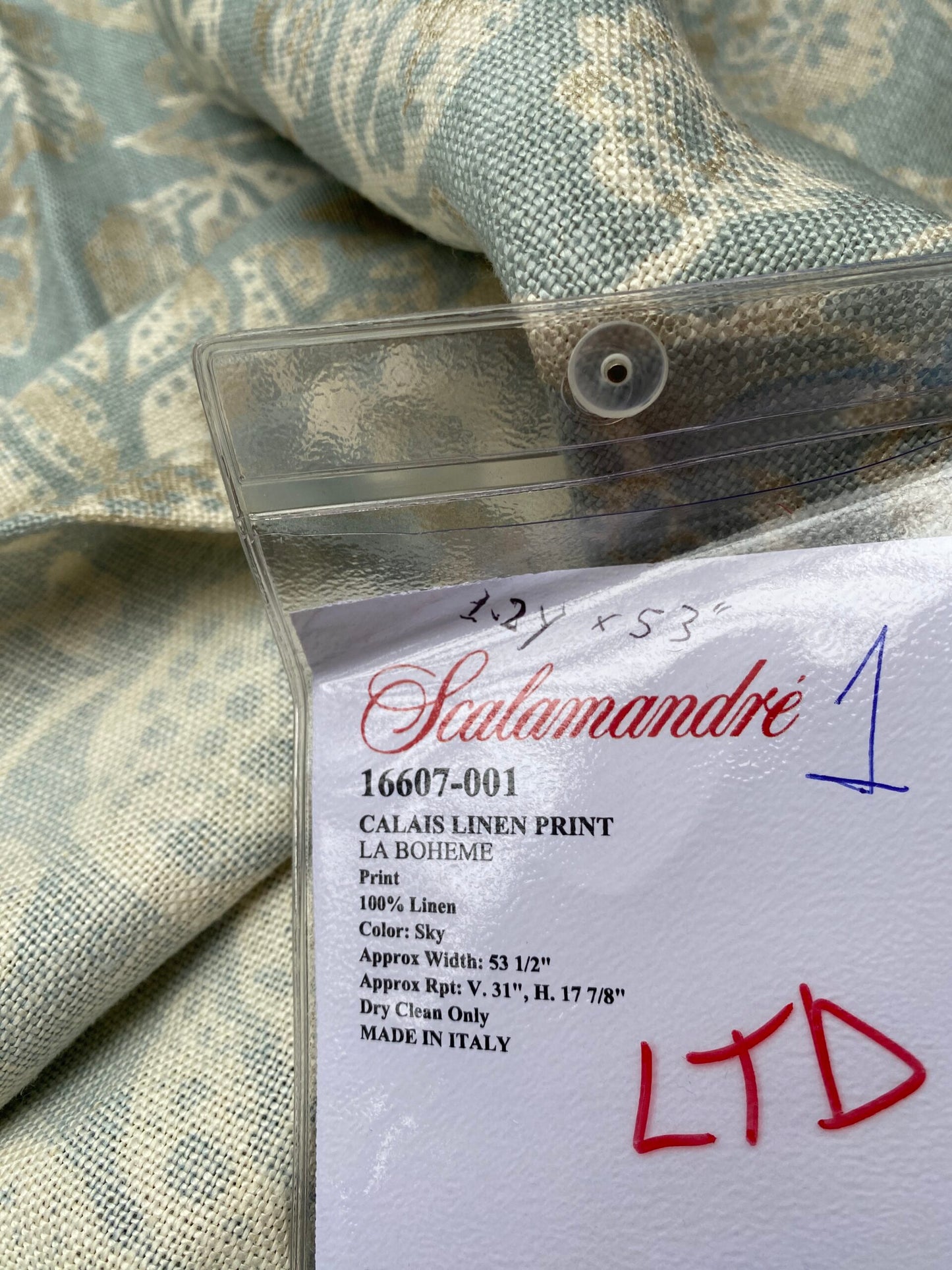 82 Berkbox77 Square Printed Fabric by Scalamandre Calais Linen Print Sky Blue White Floral 1.2y x 53" MSRP 300+/y