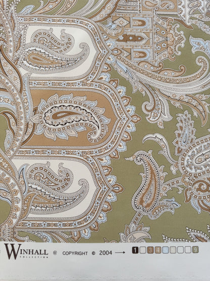 Scalamandre Pagoda Paisley Cotton Arabesque Garden Hand Printed In Italy Cream Brown On Green - By The Yard - MSRP USD 198/YD