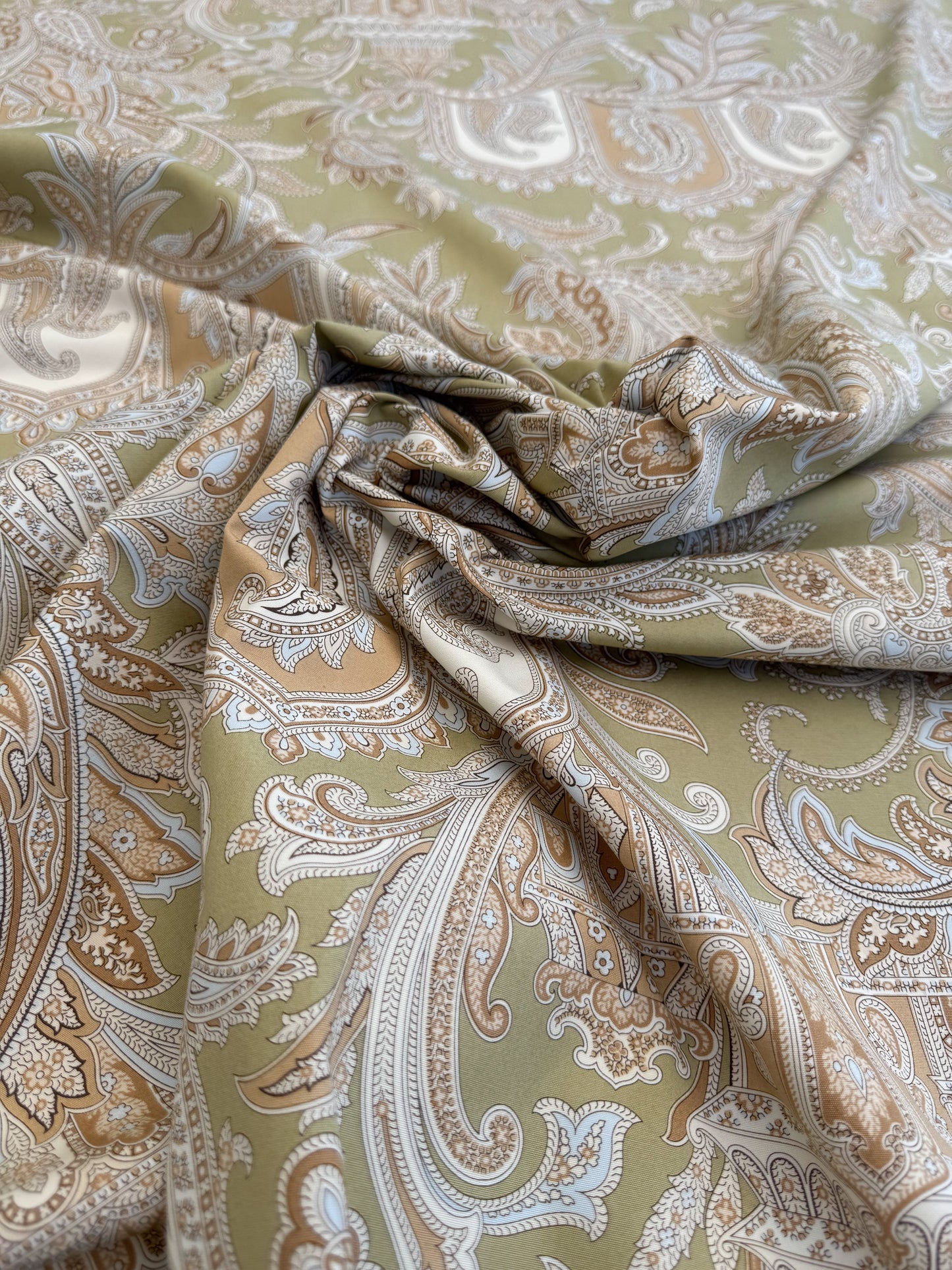 Scalamandre Pagoda Paisley Cotton Arabesque Garden Hand Printed In Italy Cream Brown On Green - By The Yard - MSRP USD 198/YD