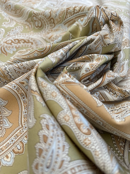 Scalamandre Pagoda Paisley Cotton Arabesque Garden Hand Printed In Italy Cream Brown On Green - By The Yard - MSRP USD 198/YD