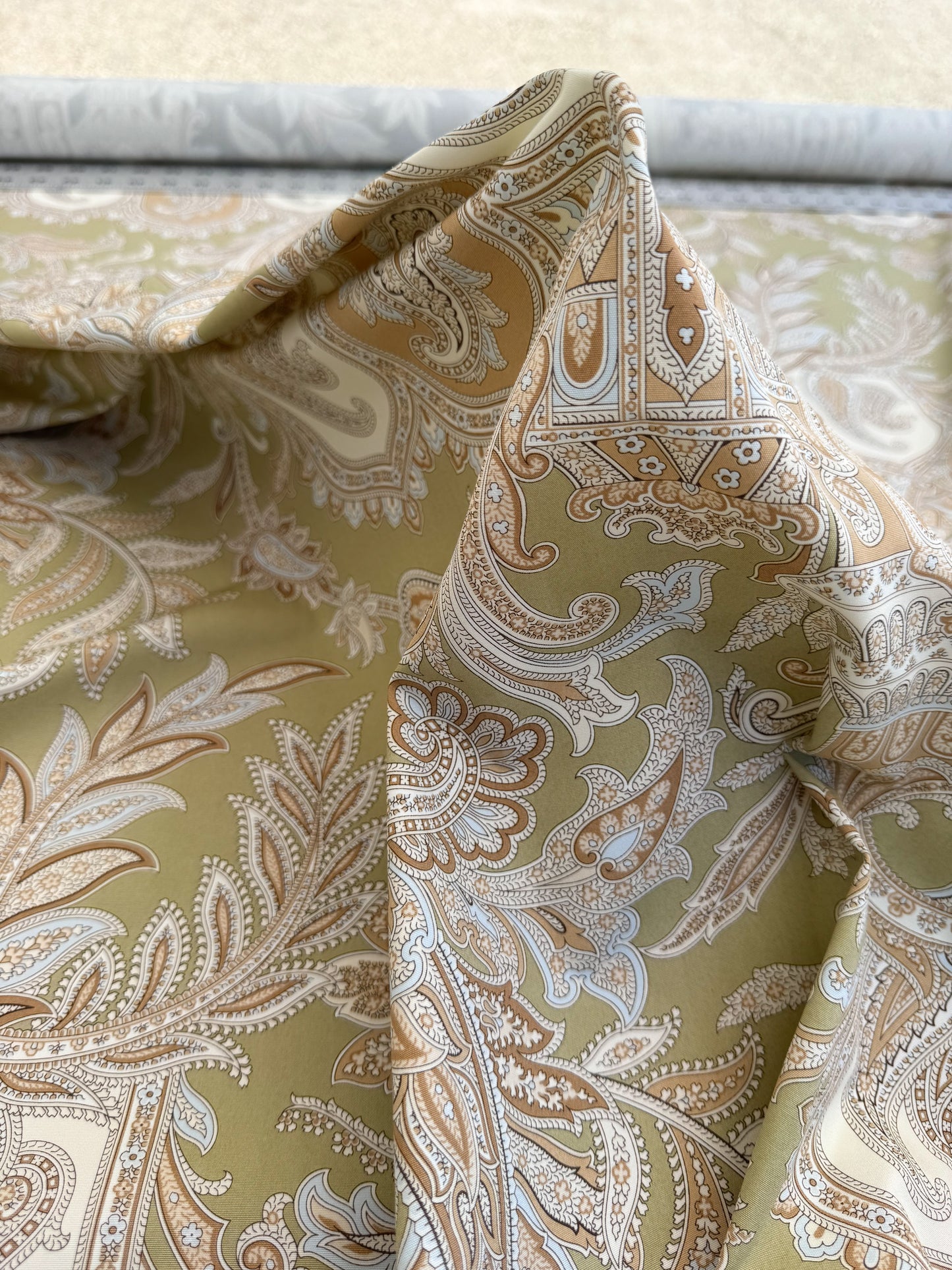 Scalamandre Pagoda Paisley Cotton Arabesque Garden Hand Printed In Italy Cream Brown On Green - By The Yard - MSRP USD 198/YD