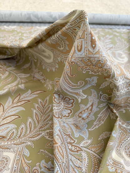 Scalamandre Pagoda Paisley Cotton Arabesque Garden Hand Printed In Italy Cream Brown On Green - By The Yard - MSRP USD 198/YD