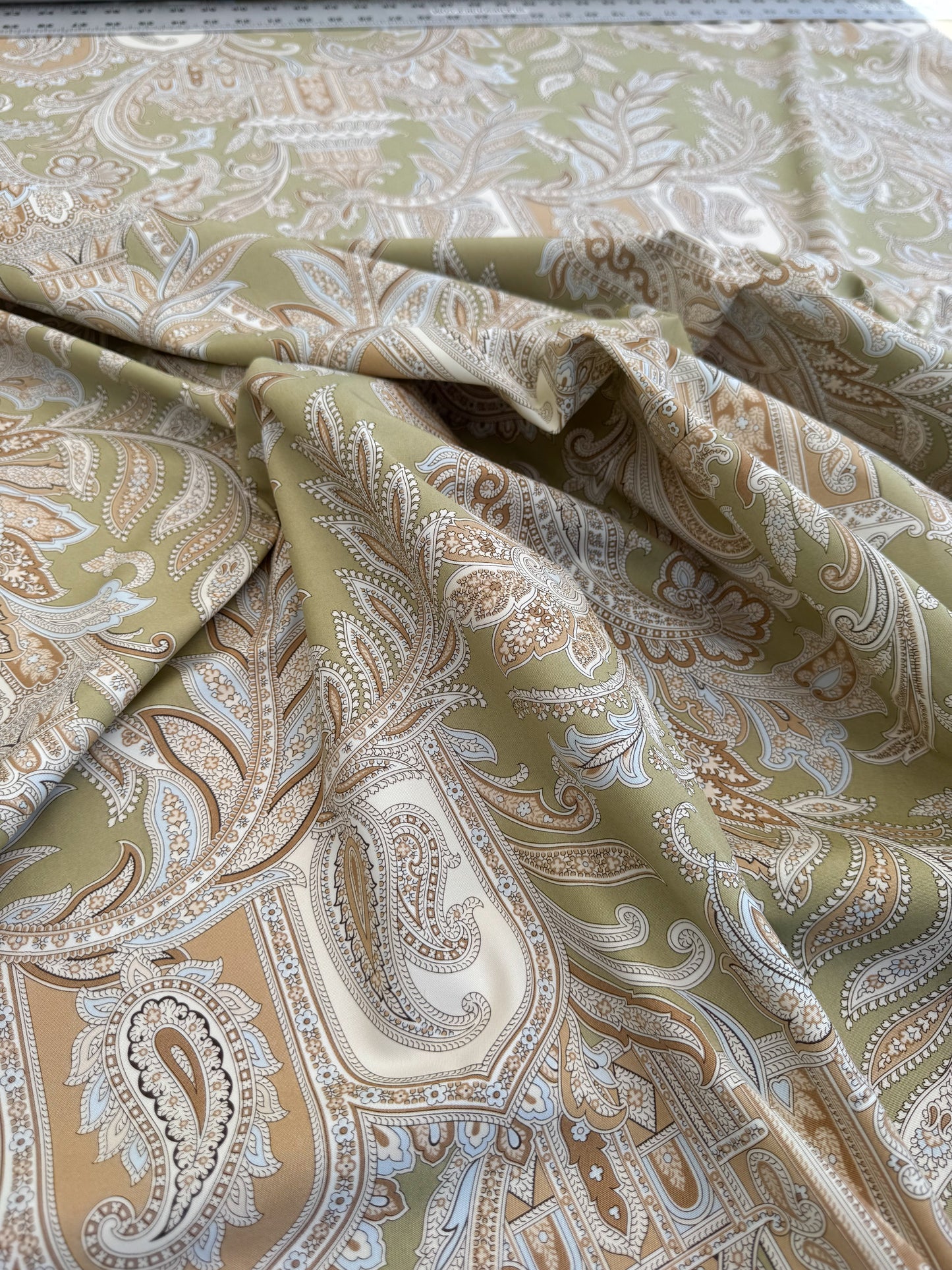 Scalamandre Pagoda Paisley Cotton Arabesque Garden Hand Printed In Italy Cream Brown On Green - By The Yard - MSRP USD 198/YD
