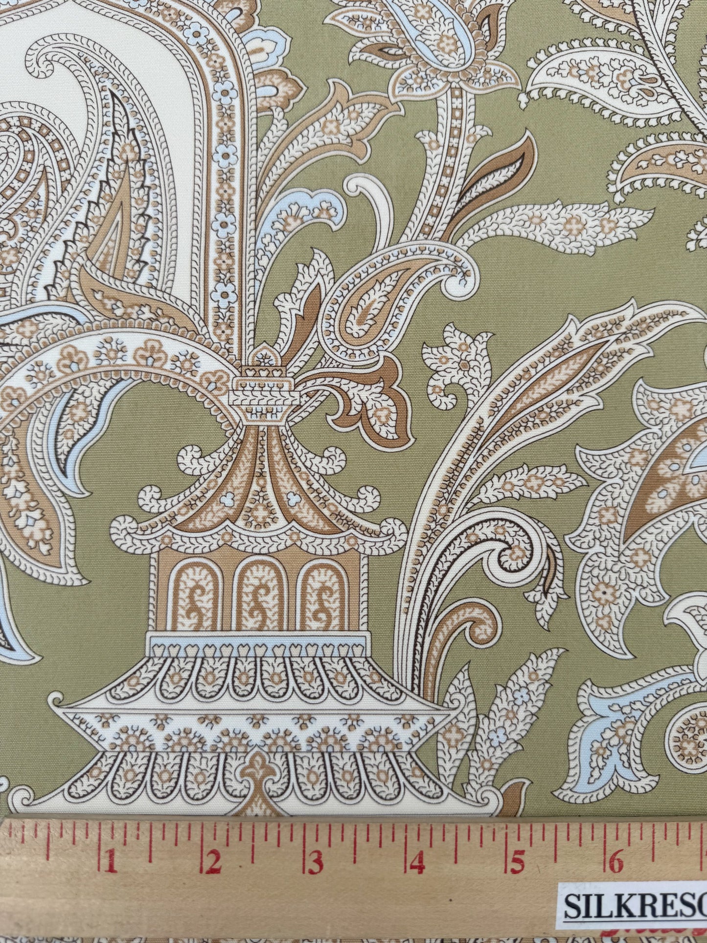 Scalamandre Pagoda Paisley Cotton Arabesque Garden Hand Printed In Italy Cream Brown On Green - By The Yard - MSRP USD 198/YD