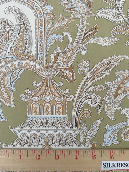 Scalamandre Pagoda Paisley Cotton Arabesque Garden Hand Printed In Italy Cream Brown On Green - By The Yard - MSRP USD 198/YD