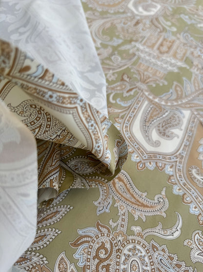 Scalamandre Pagoda Paisley Cotton Arabesque Garden Hand Printed In Italy Cream Brown On Green - By The Yard - MSRP USD 198/YD