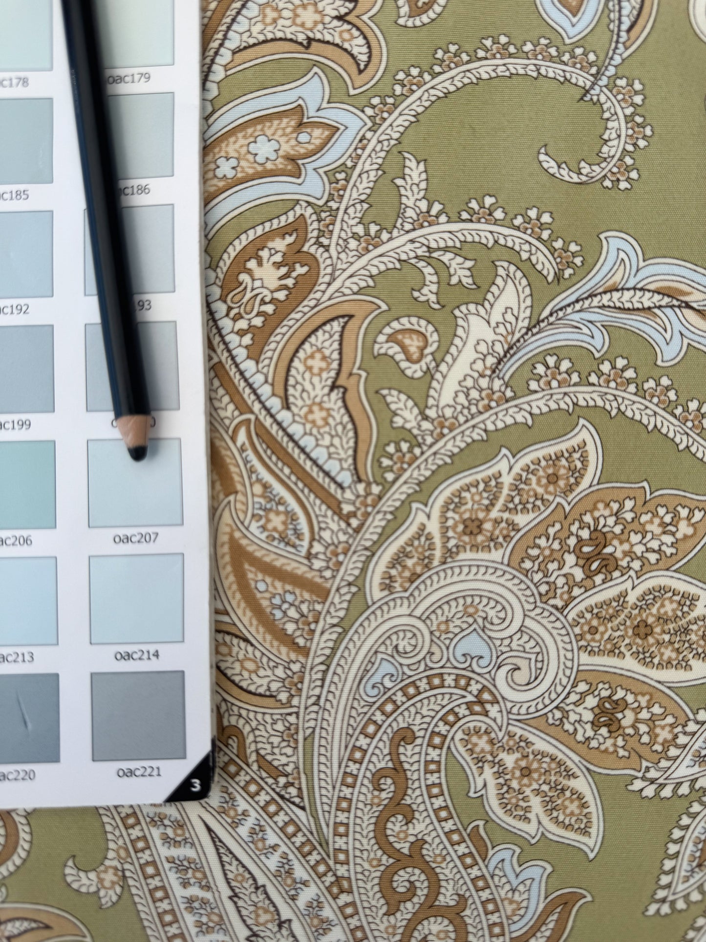 Scalamandre Pagoda Paisley Cotton Arabesque Garden Hand Printed In Italy Cream Brown On Green - By The Yard - MSRP USD 198/YD