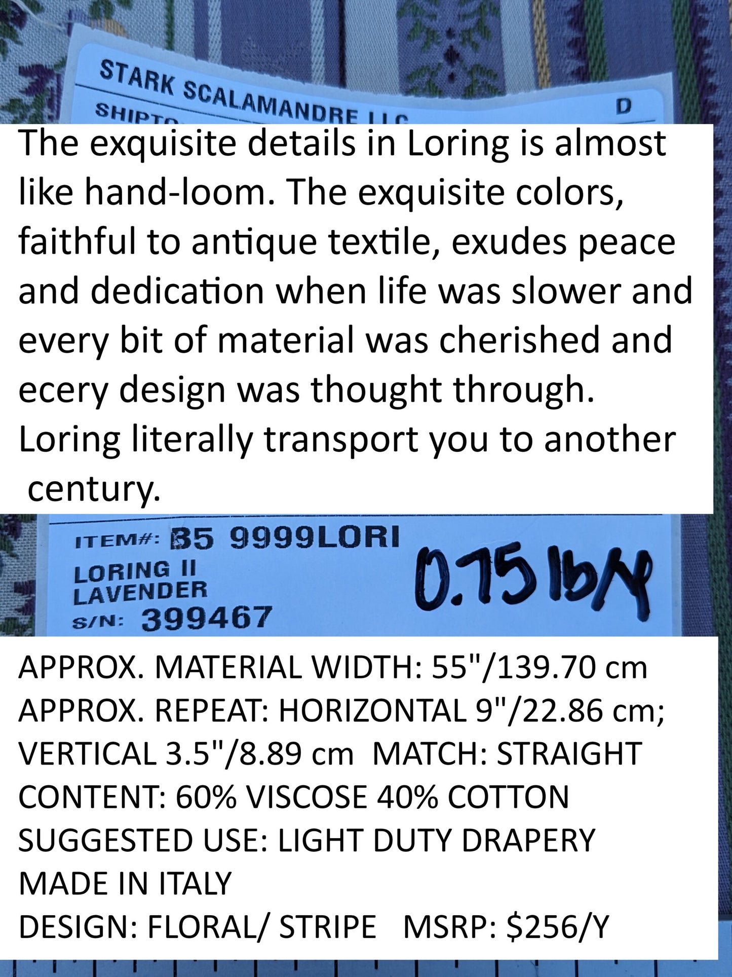 Scalamandre Loring II in Lavender Purple Green Neoclassic Flower Stripe Laurel Wreath Jacquard MSRP USD256/y
