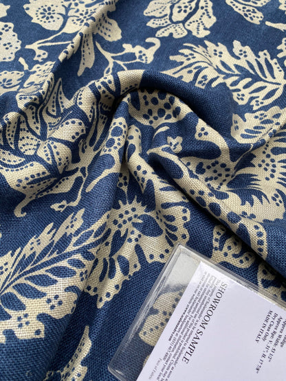 87 Berkbox77 Square Printed Fabric by Scalamandre Calais Linen Print Indigo Navy Blue Cream White Floral MSRP 300+/y
