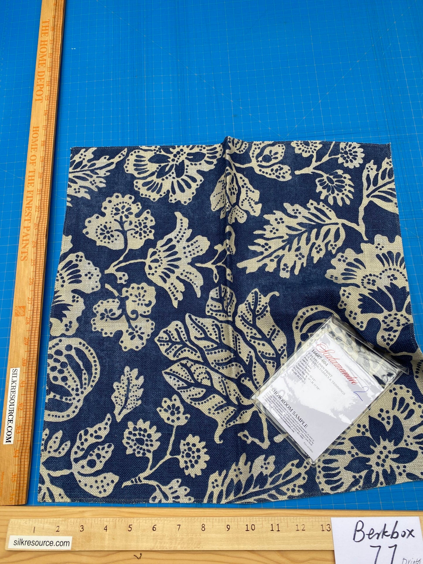 88 Berkbox77 Square Printed Fabric by Scalamandre Calais Linen Print Indigo Navy Blue Cream White Floral MSRP 300+/y