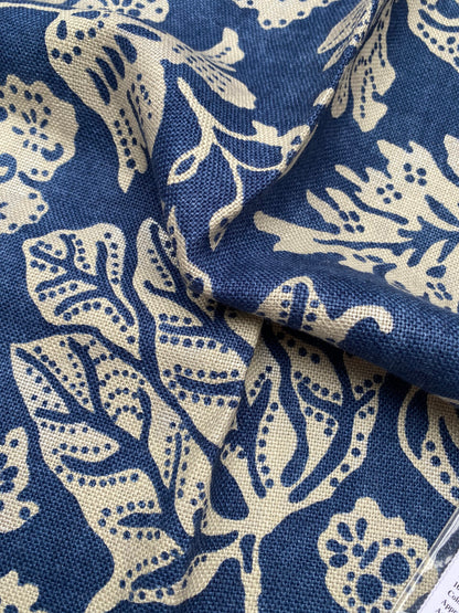 88 Berkbox77 Square Printed Fabric by Scalamandre Calais Linen Print Indigo Navy Blue Cream White Floral MSRP 300+/y