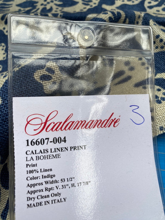 89 Berkbox77 Square Printed Fabric by Scalamandre Calais Linen Print Indigo Navy Blue Cream White Floral MSRP 300+/y